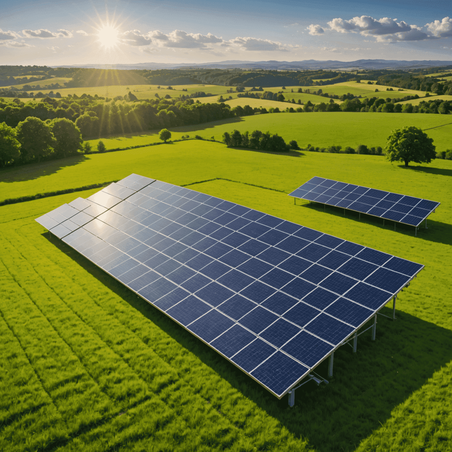 A large solar panel array in a lush green field, with the sun shining brightly overhead. The image showcases the harmony between renewable energy and nature.