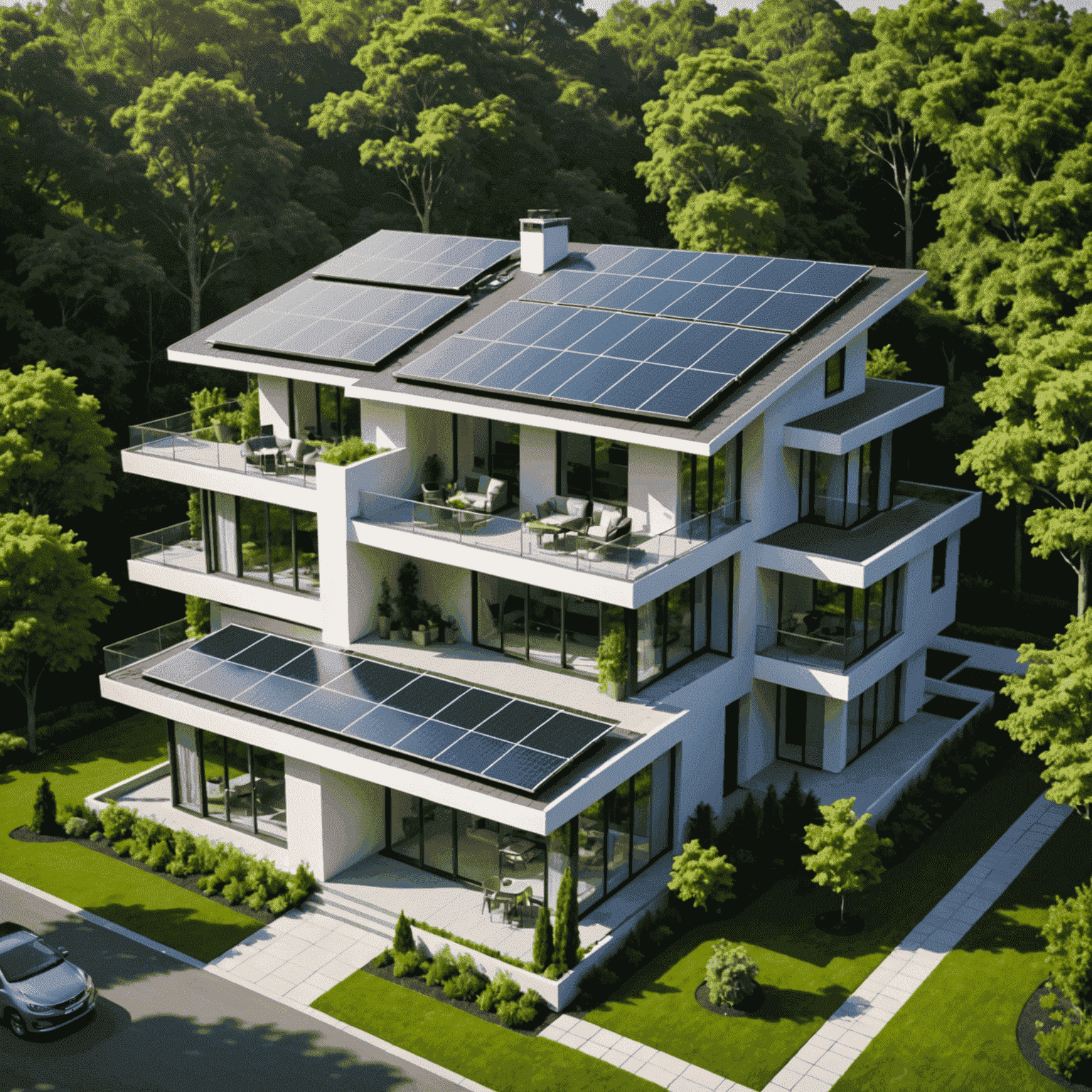 A modern home with solar panels installed on the roof, surrounded by lush green trees. The image showcases the seamless integration of solar technology with residential architecture, emphasizing both the aesthetic appeal and environmental benefits of solar energy.