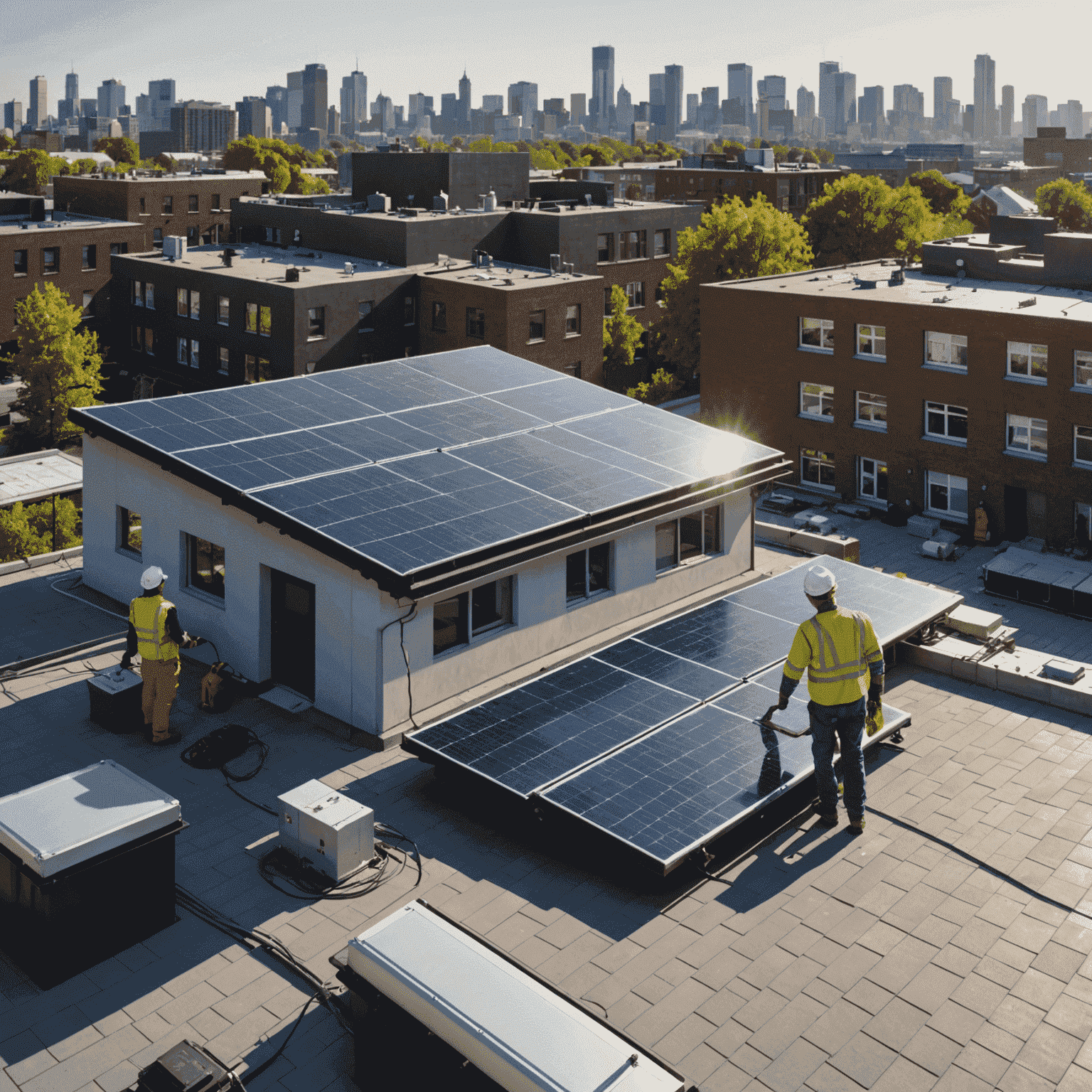 A rooftop with newly installed solar panels, gleaming in the sunlight. Workers in safety gear are seen finalizing the installation.