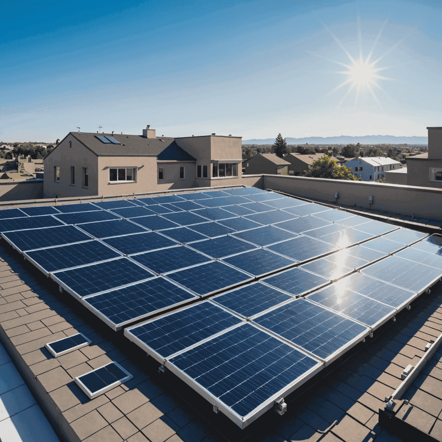 A rooftop with several solar panels installed, capturing sunlight on a clear day. The panels are angled to maximize sun exposure, with a beautiful blue sky in the background.