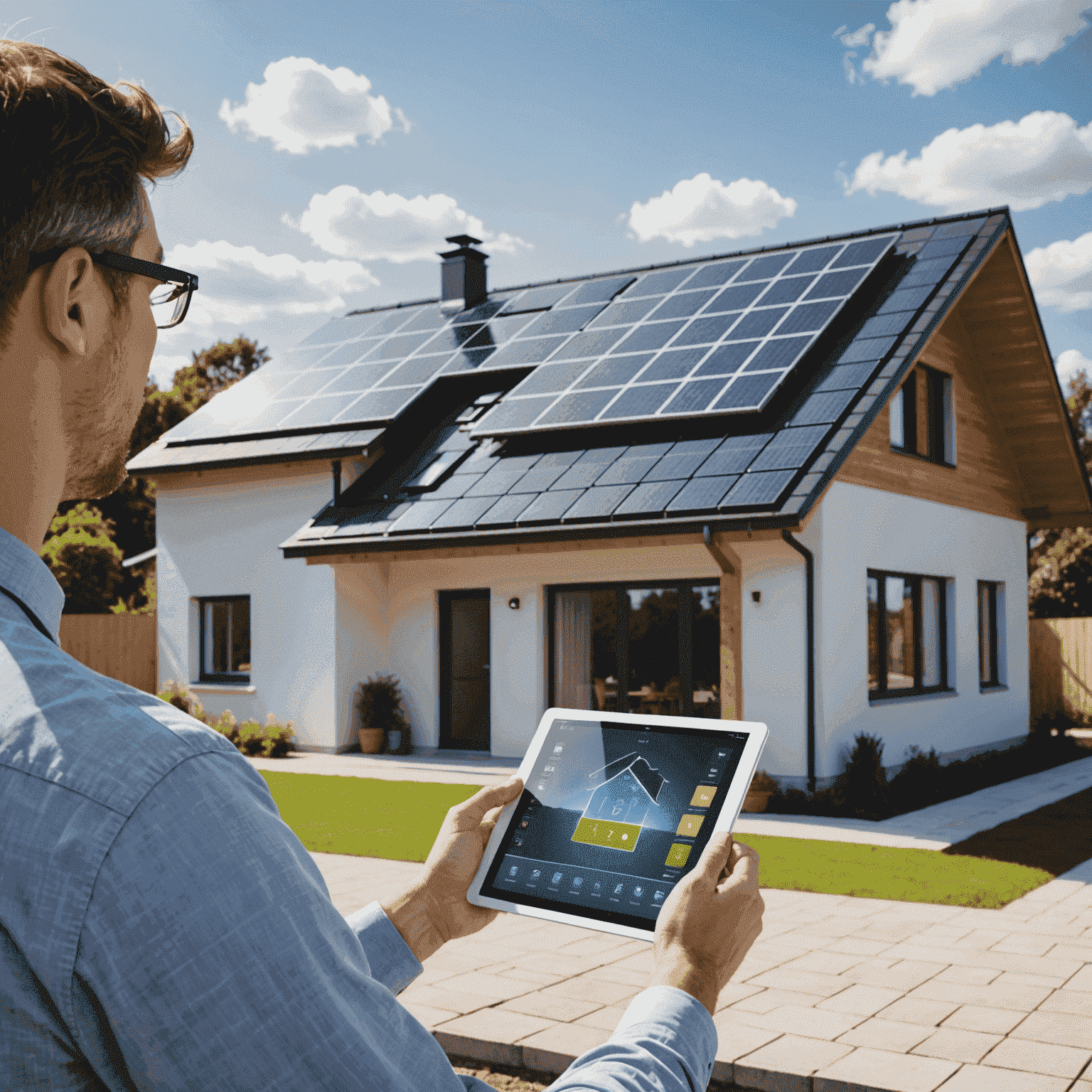 A home with solar panels installed on the roof, with a person looking at a tablet displaying energy savings calculations