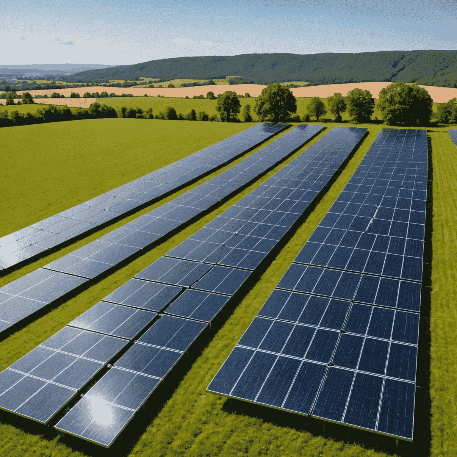 A large solar panel array in a sunny field, showcasing the scale of solar energy implementation
