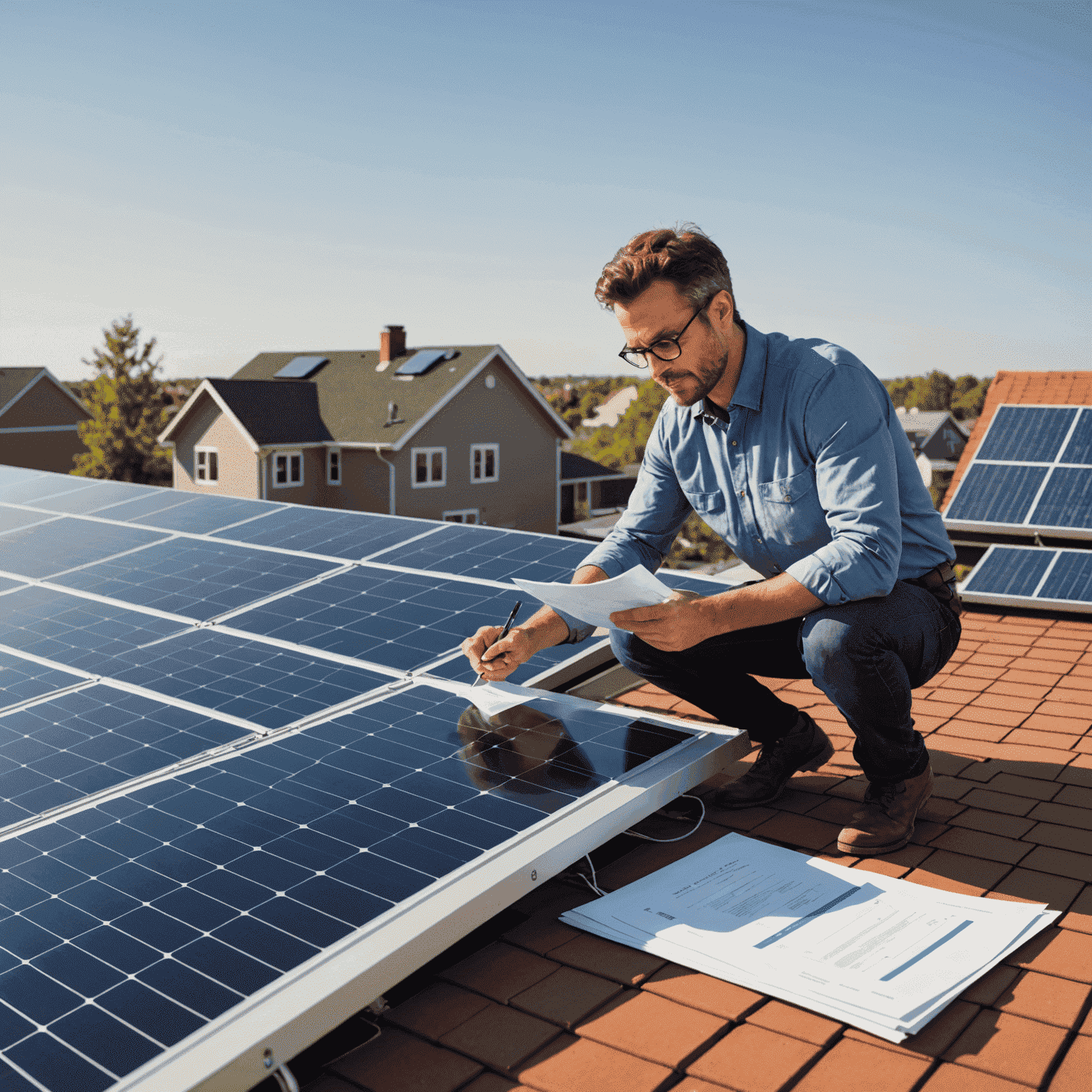 Solar panels installed on a residential rooftop with a person reviewing documents, symbolizing solar incentives and tax credits