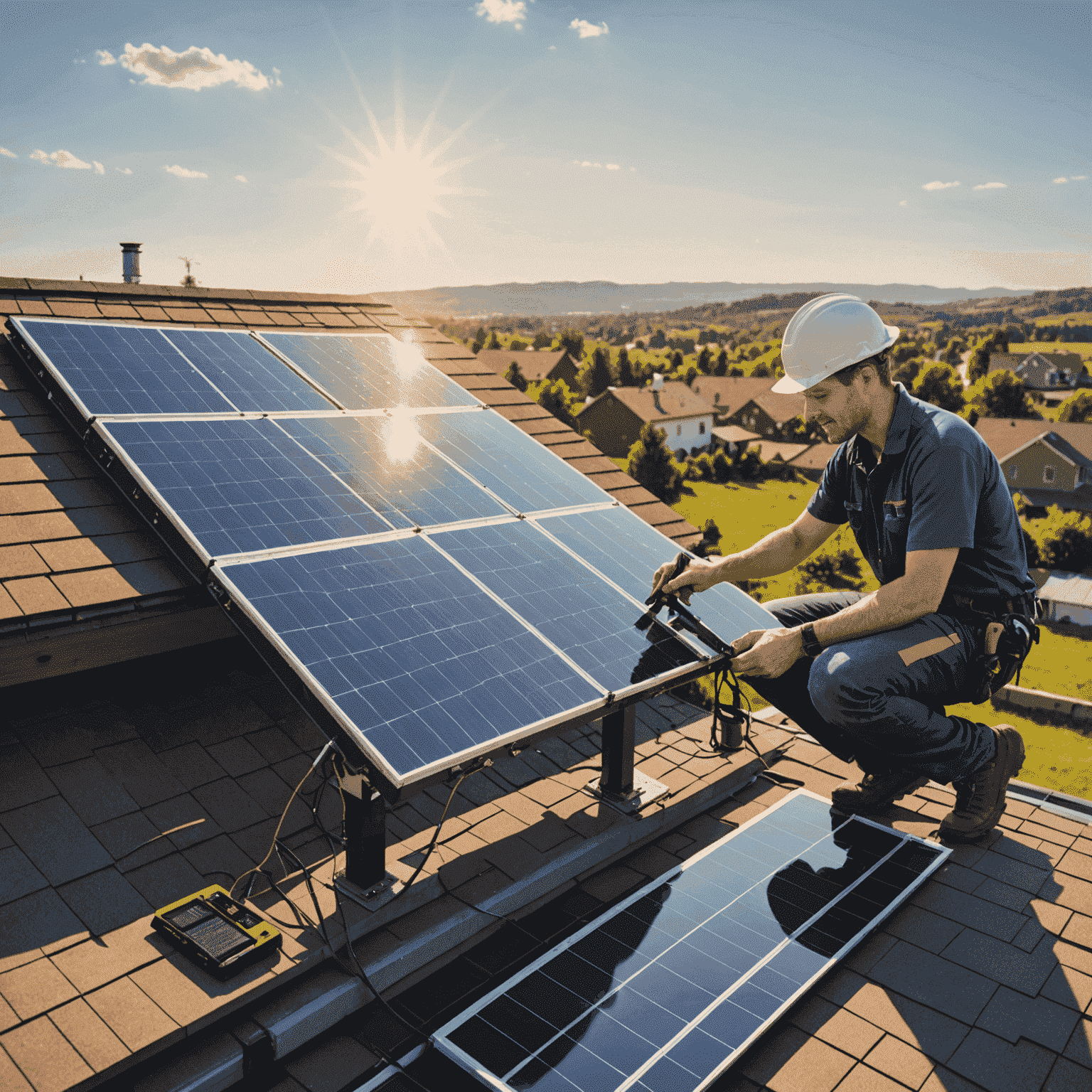 A person installing a small solar panel on a roof, with tools and equipment nearby. The sun is shining brightly in the background, emphasizing the theme of solar energy.