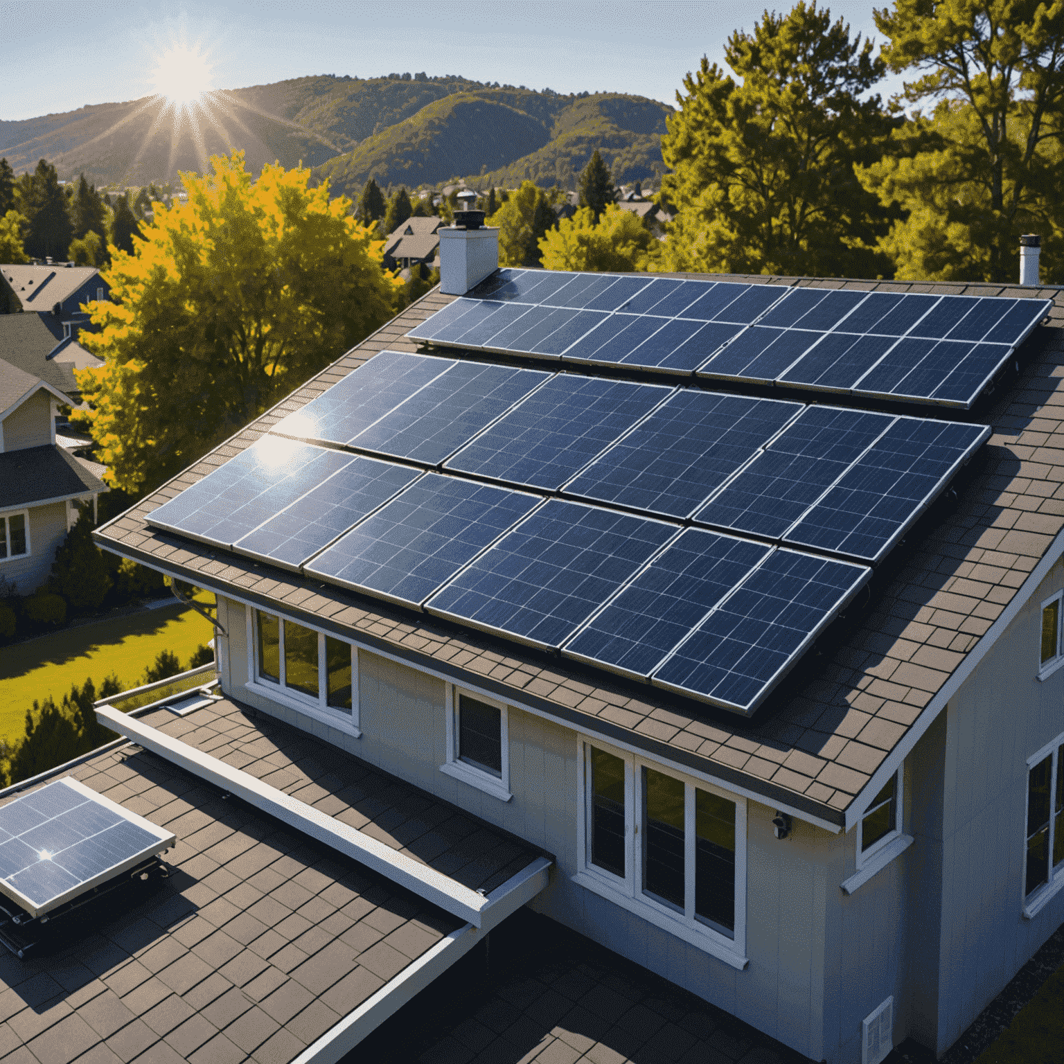 Solar panels on a residential roof, capturing sunlight to generate clean energy