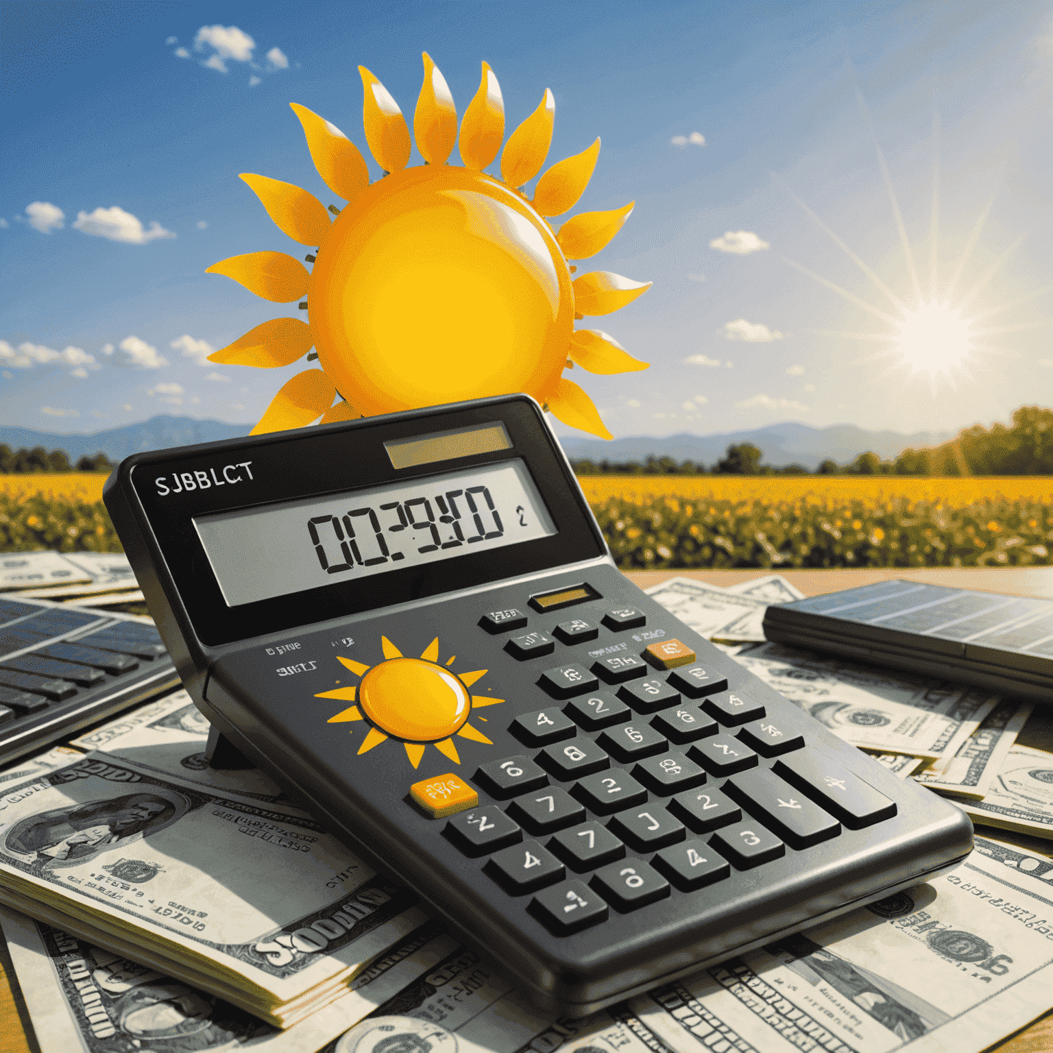 A digital calculator displaying solar energy savings, with a background of dollar signs and a sun icon.