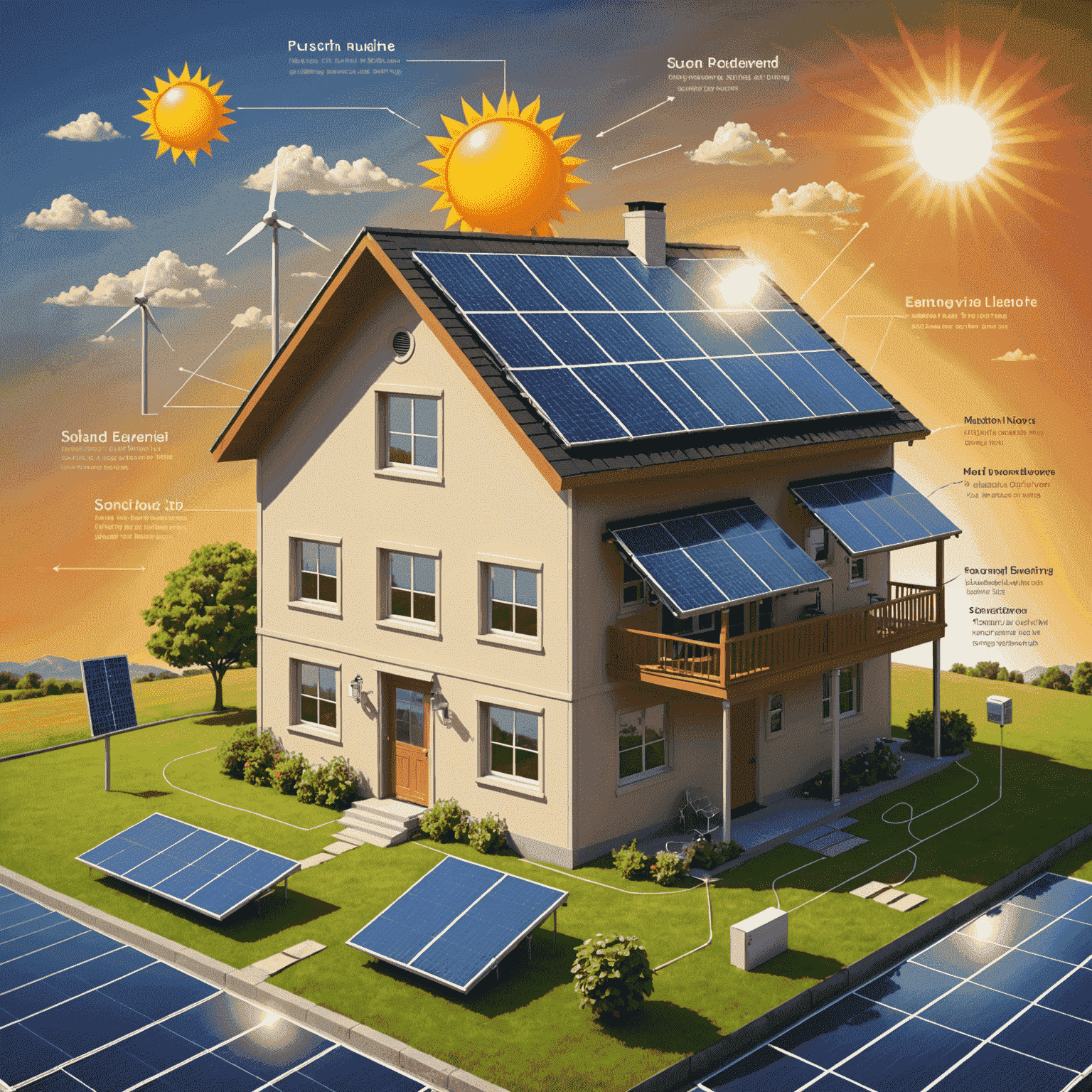 Diagram showing the process of solar energy conversion: from sunlight hitting the panels, to electricity powering a home, with arrows indicating the flow of energy.