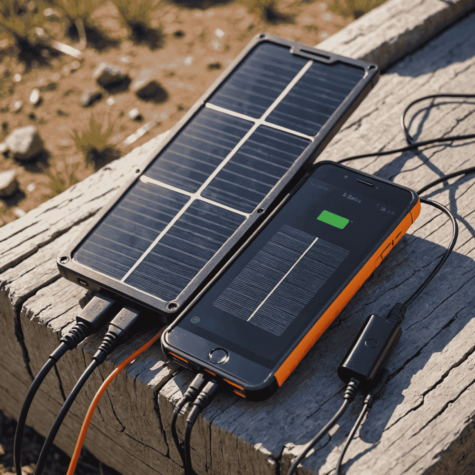 A close-up of a homemade solar phone charger with a small solar panel connected to a battery pack and USB port. The device is charging a smartphone in bright sunlight.