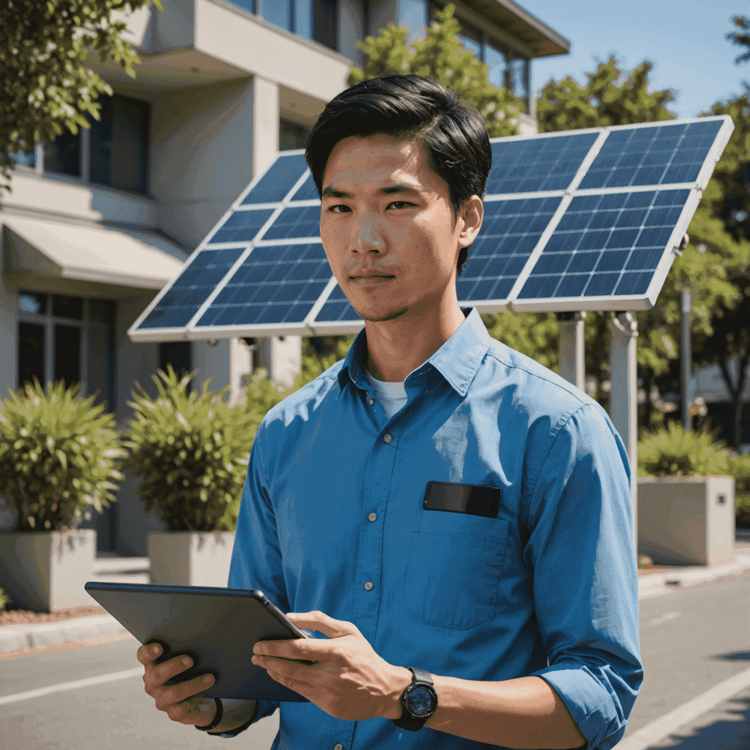Michael Chen, a man in his late 20s with black hair, wearing a blue shirt and holding a tablet displaying solar panel schematics. His expression is focused and enthusiastic.