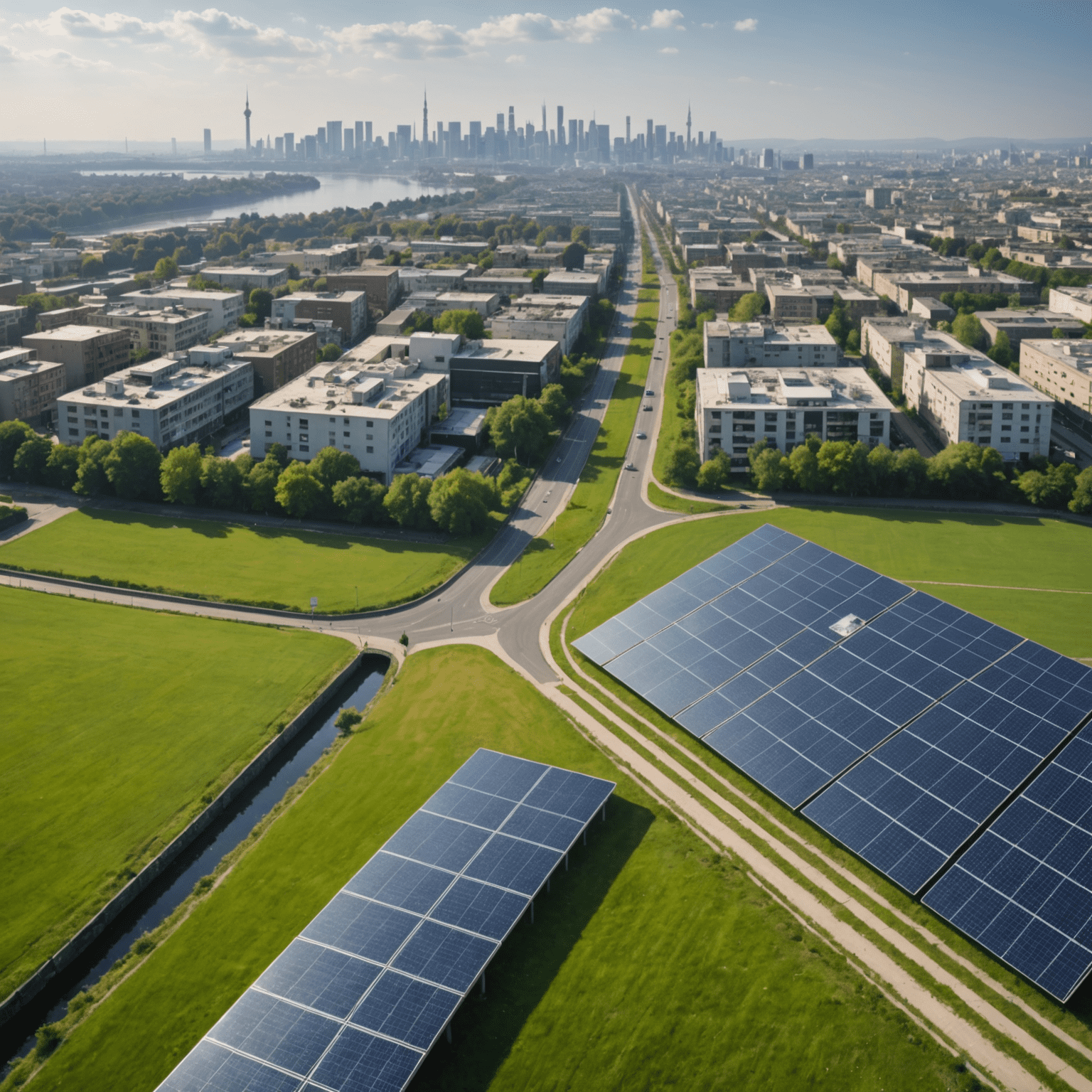 A split image showing a polluted cityscape on one side and a clean, green landscape with solar panels on the other.