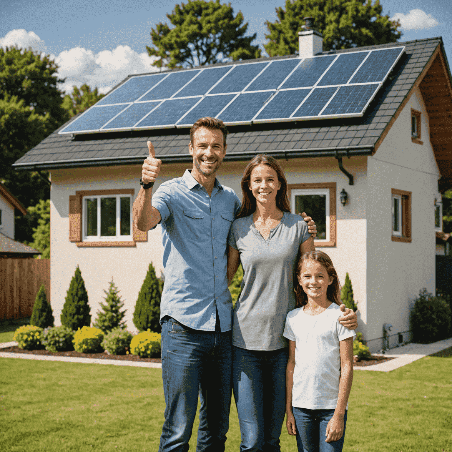 A happy family standing in front of their home with newly installed solar panels, smiling and giving thumbs up to indicate satisfaction with their energy-efficient choice.