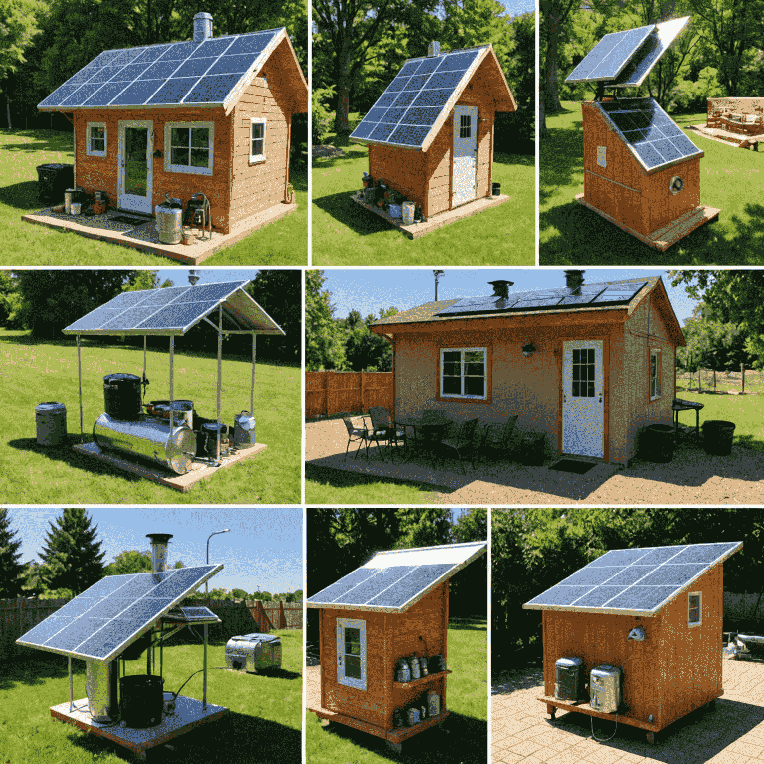 A collage showing the five DIY solar projects mentioned in the article: outdoor lighting, water heater, phone charger, solar oven, and ventilation fan. Each project is depicted in use, emphasizing their practical applications in a home setting.