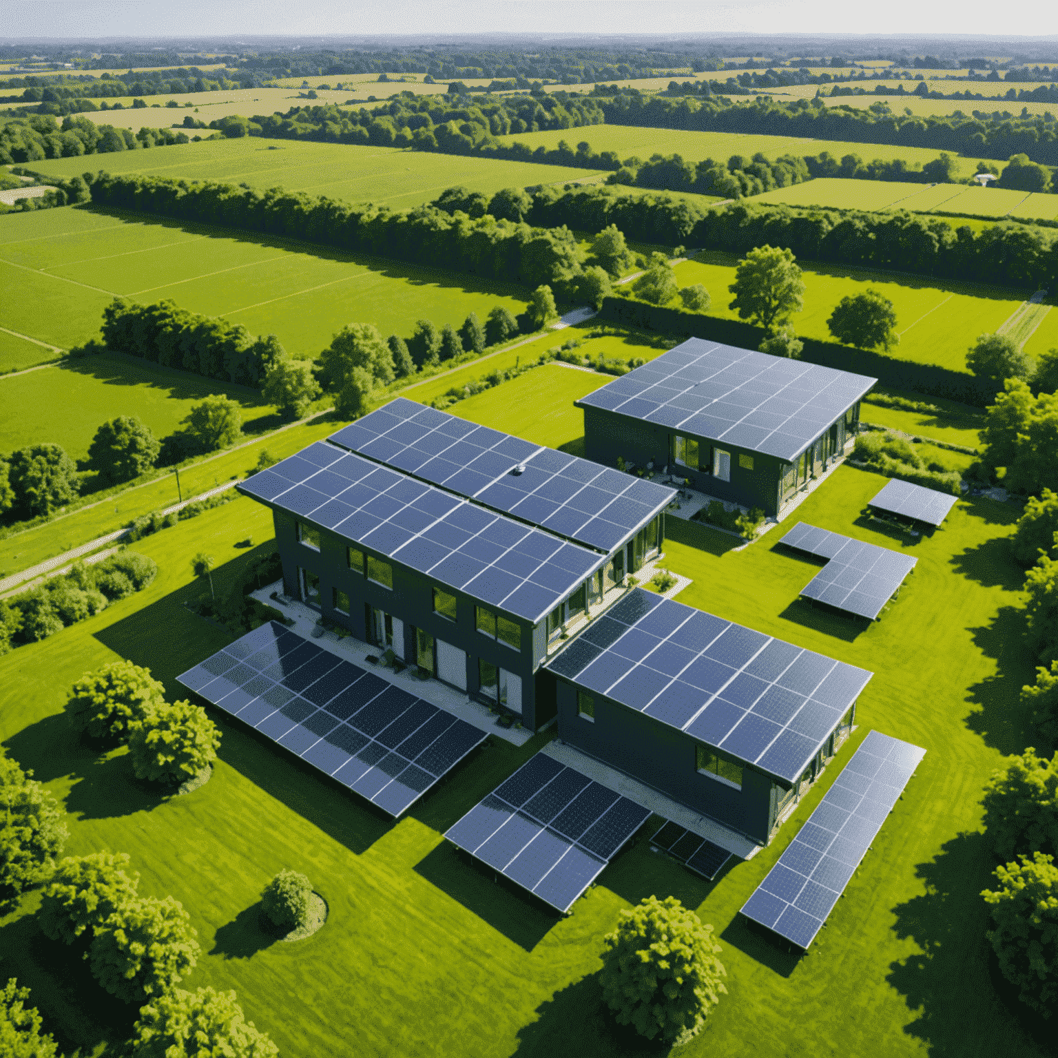 A lush green landscape with solar panels in the foreground, symbolizing the positive environmental impact of solar energy