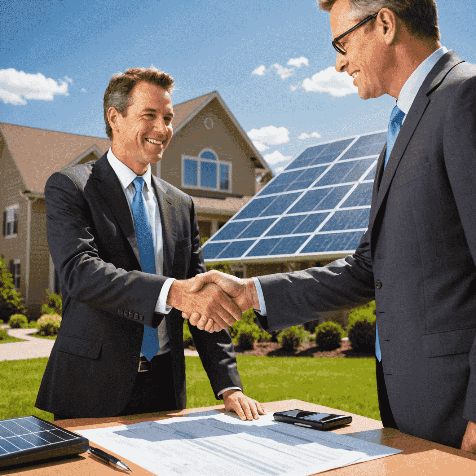 A person shaking hands with a solar installer, with a background of tax forms and a piggy bank.