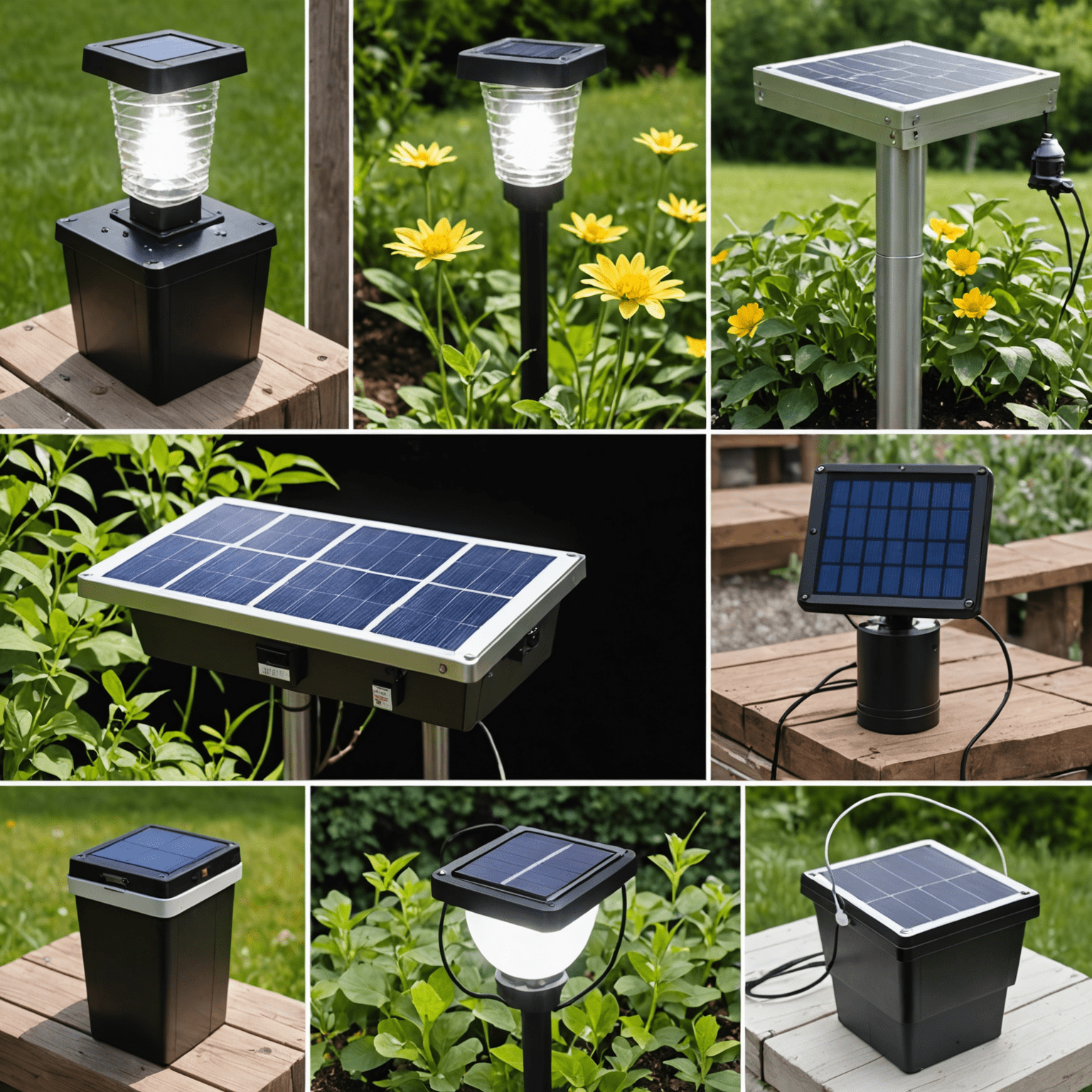 A collage of various small-scale DIY solar projects, including solar-powered garden lights, phone chargers, and a small solar panel.